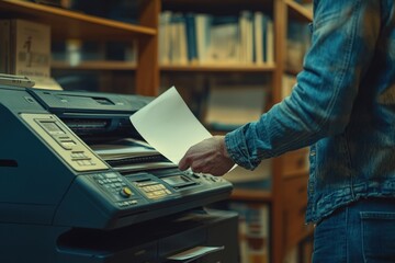 Man taking a document out of a printer in a library.