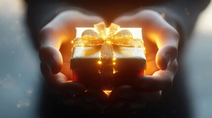 Poster - A pair of hands holding a beautifully wrapped gift with glowing lights and a golden ribbon, symbolizing celebration and joy.