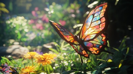 Sticker - Beautifully rendered butterfly with large fairy wings in a garden. The vibrant abstract paint and geometric angles create a stunning visual, with the insect's shadow enhancing the natural scene