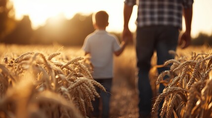 the image captures a father and son holding hands and walking through a golden wheat field at sunset