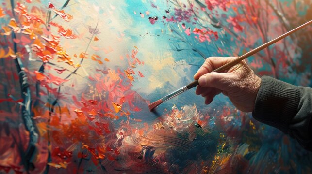 Artistic banner with close-up of artist's hands adding final details. Autumn landscape, soft background and space for text.