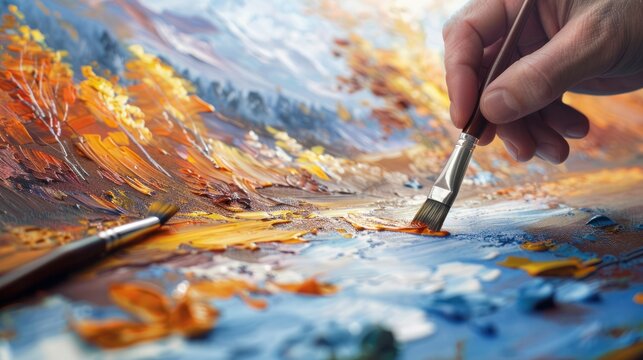 Artistic banner with close-up of artist's hands adding final details. Autumn landscape, soft background and space for text.