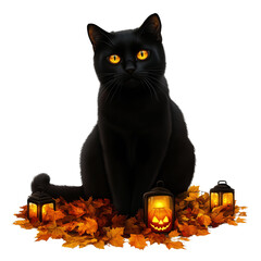 Wall Mural - Black Cat with Halloween Lanterns and Autumn Leaves
