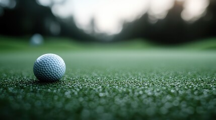 This image captures a close-up view of a golf ball resting on a lush green golf course, with a blurred background emphasizing the ball's texture and placement.