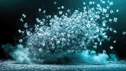 Poster - Abstract explosion of floating letters in a smoky, teal atmosphere, symbolizing creativity, communication, and the power of language.
