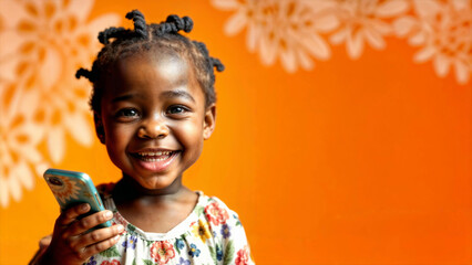 Happy cute African child, front view portrait, close up of adorable smiling female toddler with floral dress holding mobile phone while looking at the camera, isolated on orange studio background