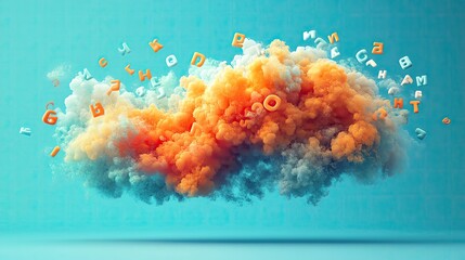Poster - A vibrant cloud of colorful smoke swirls through the air, featuring floating letters and symbols in a playful display against a turquoise backdrop.