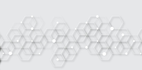 Leinwandbilder - Molecular structure abstract tech background. Geometric grey background. Vector banner design with hexagons. Science network pattern, connecting lines and dots Medical background, Vector illustration	