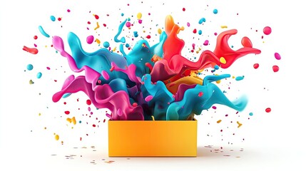 Poster - Energetic splash of vibrant colors erupting from a box against a white background, creating a lively and dynamic visual effect.