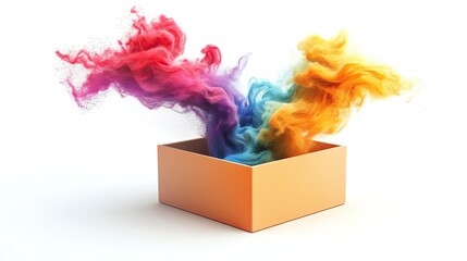 Poster - An orange box with colorful smoke swirling out, creating a vibrant and dynamic visual effect on a white isolated background.
