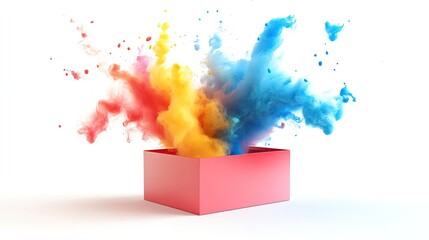 Poster - A vibrant explosion of colorful powders spilling from a red box, creating a stunning display of blue, yellow, and orange hues against a white background.