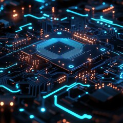 Poster - Close-up of an advanced AI circuit board glowing with blue light, symbolizing machine learning and computing power.
