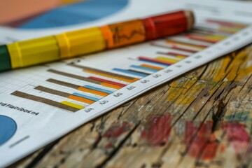 Poster - Colorful wooden crayons lying on a business document with graphs showing market analysis and financial reports