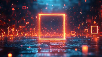 Poster - Futuristic glowing square frame amidst digital circuit patterns in a vibrant neon environment. Ideal for tech-themed visuals.