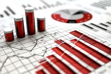 Poster - Financial report is showing positive results with red chart going up and three cylinders