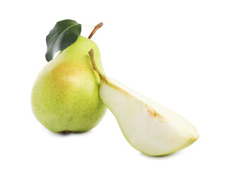 Sticker - Fresh ripe pears with green leaf isolated on white