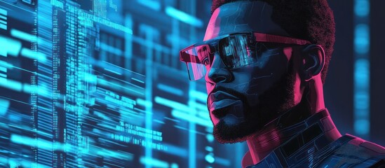 A man wearing glasses looks intently at a screen full of computer code.