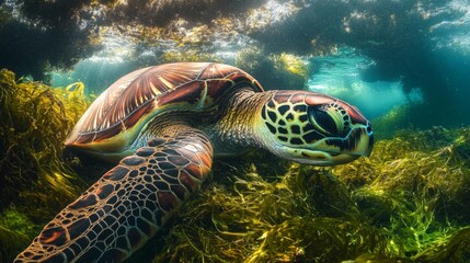 Poster - An underwater shot of a sea turtle feeding on seaweed, showcasing the vibrant colors of the turtle shell against the lush greenery of the ocean floor.