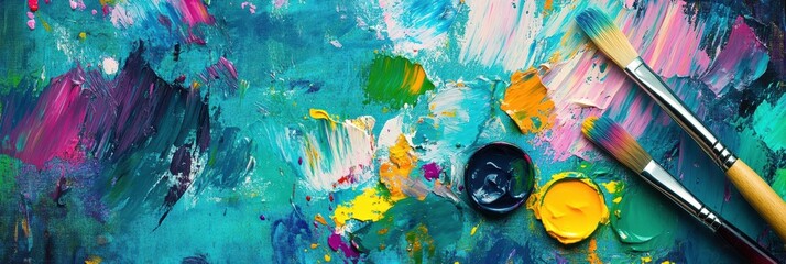 Aufkleber - Bright paint splashes and two brushes rest on a canvas, showcasing an artist's creative process filled with vivid colors. Generative AI