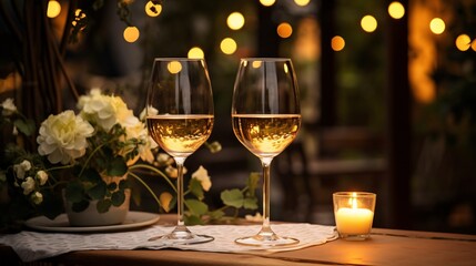 A pair of wine glasses filled with white wine on a romantic dinner table