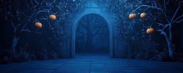 dark grunge wall, arched door with orange glowing pumpkins hanging on the vines, tiles floor, halloween decoration concept