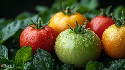 a Close-up photo of green and red tomatoes with fresh green leaves, showcasing their natural texture.