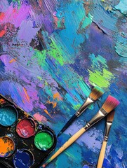 Leinwandbilder - Bright colors burst from a painter's palette with paintbrushes poised over an abstract canvas, capturing the spirit of creativity. Generative AI