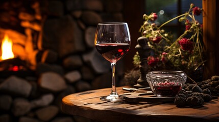 A wine glass with red wine and a rustic setting