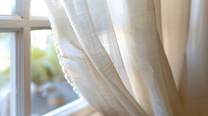 A white sheer curtain hangs in front of a window, allowing soft sunlight to filter through.