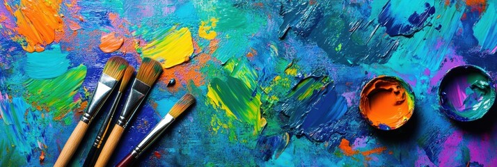 Poster - Brightly colored paint splashes create an abstract display on the canvas while brushes await to explore artistic possibilities. Generative AI