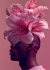 Poster - Portrait of a person with large pink lilies blooming from their head on a soft pink background, blending nature with human form