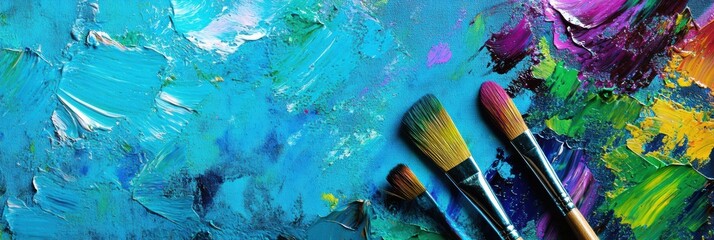 Leinwandbilder - Bright splashes of color decorate a painter's palette, while brushes rest on a canvas filled with abstract brushstrokes. Generative AI