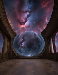 Poster - a surreal indoor space with a large, glowing sphere in the center, surrounded by a circular window and framed by arched windows The sky outside is filled with vibrant colors