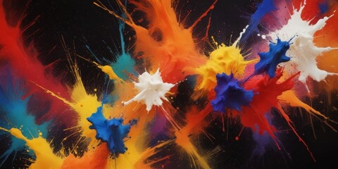 Poster - a vibrant abstract painting featuring a dynamic composition of splashes of various colors, including red, blue, yellow, and white, against a dark background