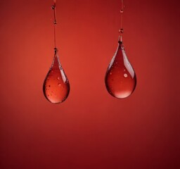 Poster - Two transparent glass droplets with water droplets suspended in mid-air against a red background