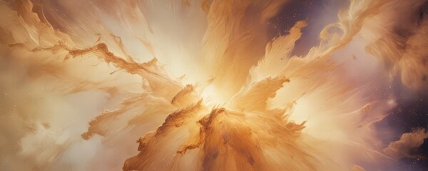 Poster - a vibrant, abstract cosmic scene with swirling clouds of orange and yellow hues, creating a sense of movement and energy