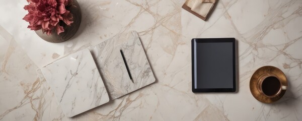 Poster - A marble-patterned table with a tablet, notebook, pen, and a cup of coffee, accompanied by a vase of pink flowers