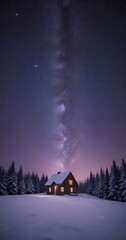 Leinwandbilder - A wooden cabin nestled in a snowy landscape, with a starry night sky and a glowing Milky Way galaxy above