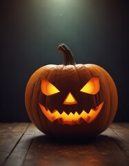 Aufkleber - A carved pumpkin with a menacing face sits on a wooden surface, illuminated by a warm glow, against a dark background
