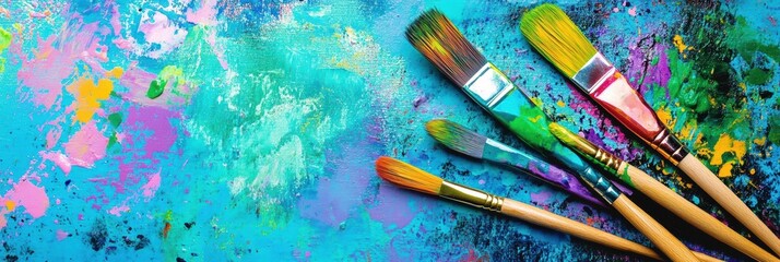 Poster - Bright splashes of colors adorn a palette while multiple paintbrushes await their next stroke on a lively canvas background. Generative AI