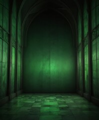 Poster - A dimly lit, empty hallway with a greenish-green floor and arched windows on either side, creating a mysterious and atmospheric scene
