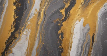 Poster - a close-up view marble-like abstract painting with a swirling pattern of black, white, and gold colors