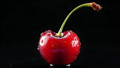 Glassy Red Cherry with Green Stem Isolated on Sleek Black Canvas