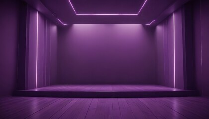 Poster - A dimly lit room with a wooden stage and purple lighting, creating a minimalist and modern aesthetic