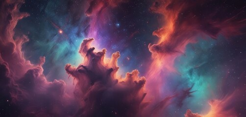 Poster - a vibrant cosmic scene with swirling clouds of color and light, resembling a nebula The nebula is filled with stars and other celestial objects, creating a sense of depth