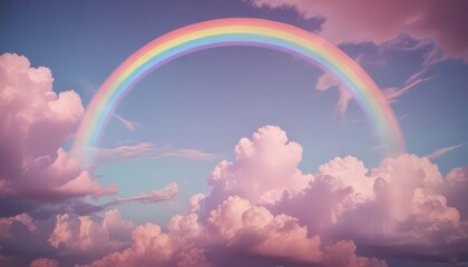 Poster - A vibrant rainbow arches across the sky, its colors blending harmoniously with the soft pink and purple hues of the clouds below