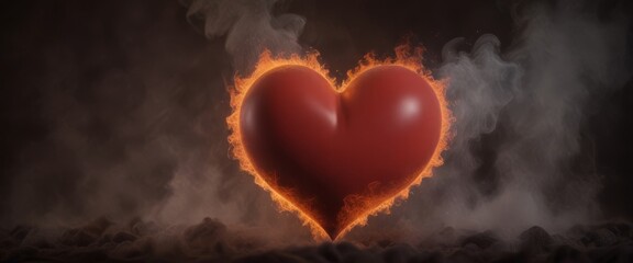 Poster - A red heart-shaped object is engulfed in flames, with smoke billowing around it, set against a dark background