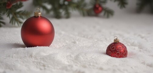 Aufkleber - Two red Christmas ornaments, one larger and one smaller, sit on a snowy surface with a blurred background of pine branches