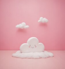 Poster - A whimsical scene featuring a smiling cloud-shaped object on a fluffy white cloud against a pink background