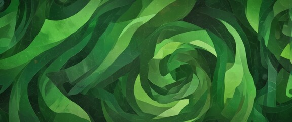 Poster - a digital art piece with a green color scheme, where the background is filled with abstract shapes resembling leaves or vines The shapes are overlapping and curving, creating